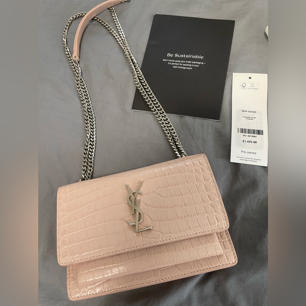 Yves Saint Laurent Pink Croc Embossed Monogram Chain Crossbody Bag